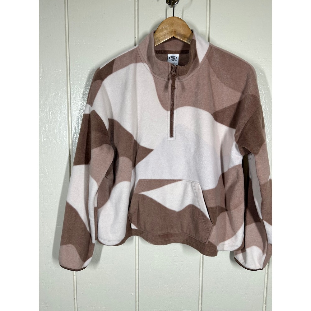 Athletic Works Fleece Pullover Women XXL Brown Abstract 1/4 Zip Kangaroo Pocket